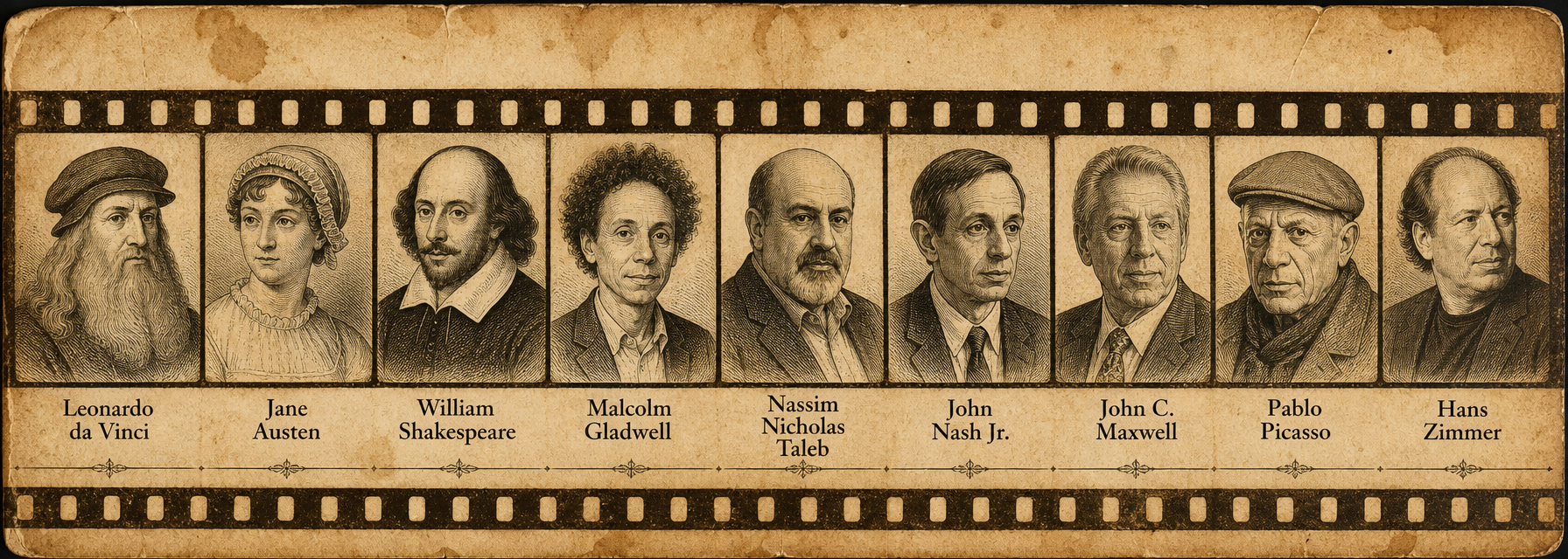 Filmstrip portraits of great thinkers: Leonardo da Vinci, Jane Austen, William Shakespeare, Malcolm Gladwell, Nassim Nicholas Taleb, John Nash Jr., John C. Maxwell, Pablo Picasso, and Hans Zimmer.
